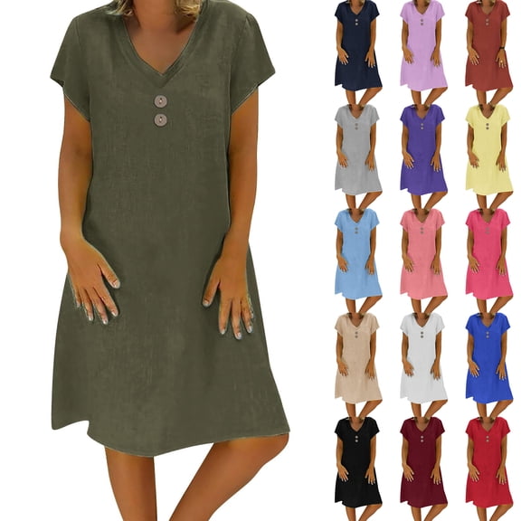 Laqbezok Cotton Linen Dress, Women's Casual V-Neck Short Sleeve Retro Sundress, Loose Fit A-Line Gown with Decorative Buttons