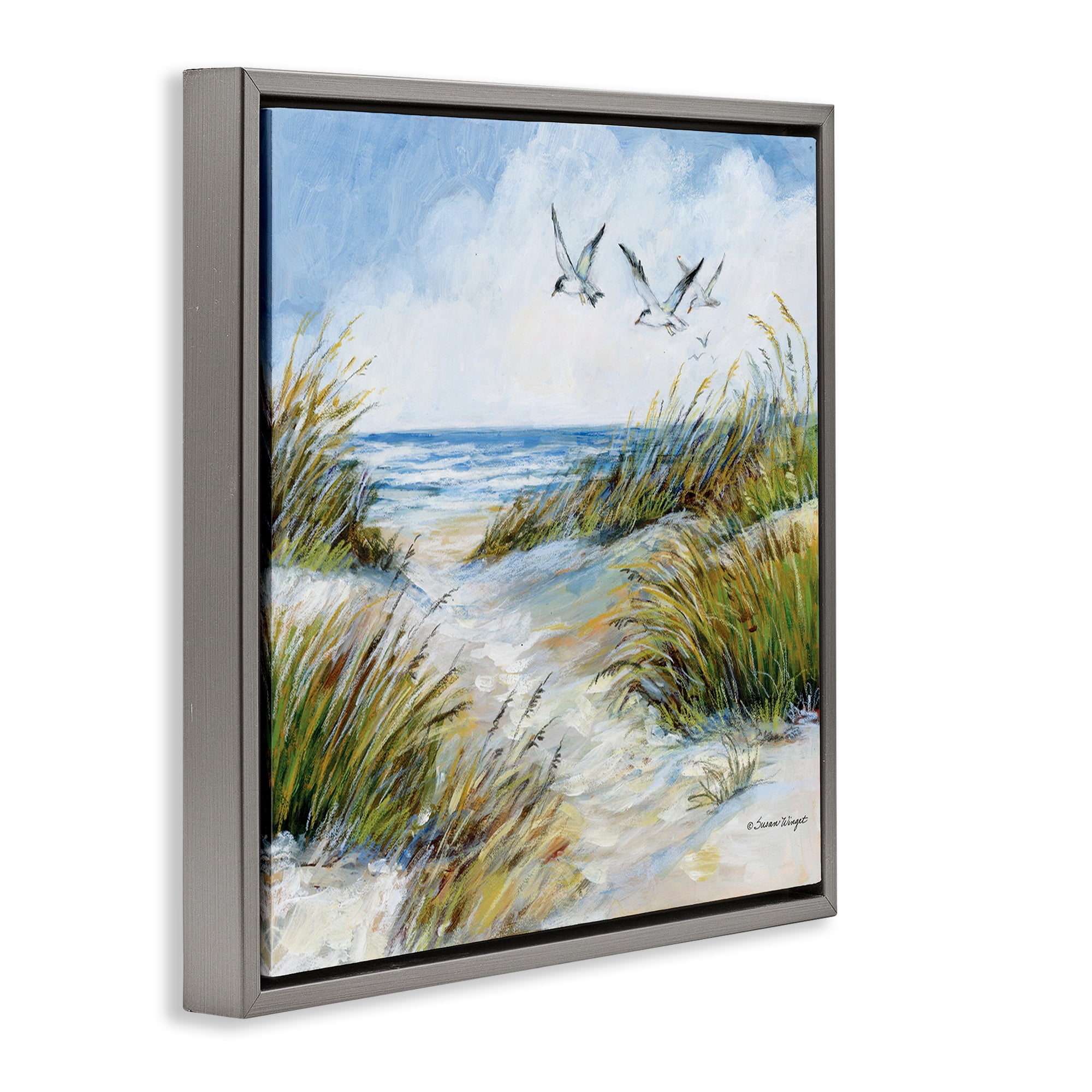 Stupell Industries Beach Path Seagulls Overhead Gray Framed Floater Canvas Wall Art, design by Susan Winget
