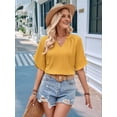 thumbnail image 4 of Womens Blouses Chiffon Hollow Out Short Sleeve V Neck Business Casual Tops Summer Cute Shirt Yellow S, 4 of 8