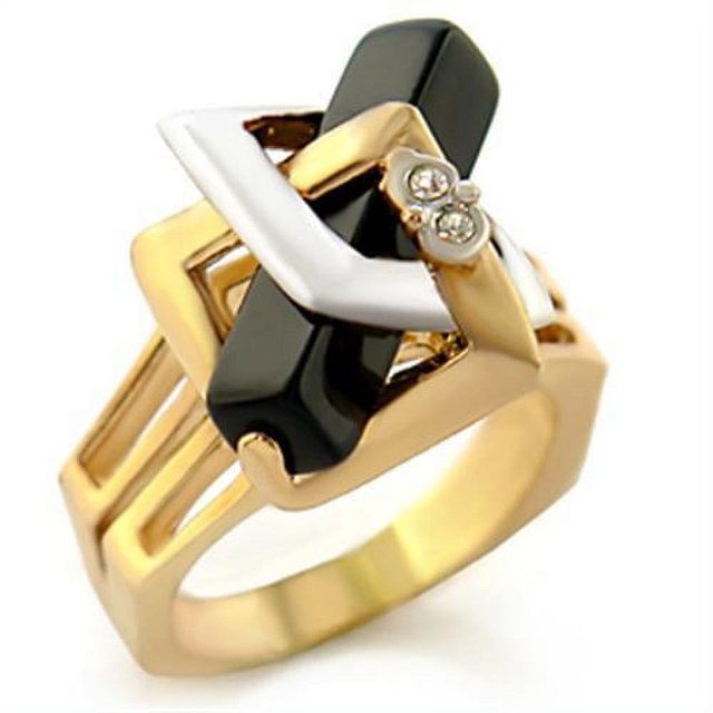 Gold+Rhodium Brass Ring with Semi-Precious Onyx in Jet for Women Jet Stone Color Style 10108 Size 6