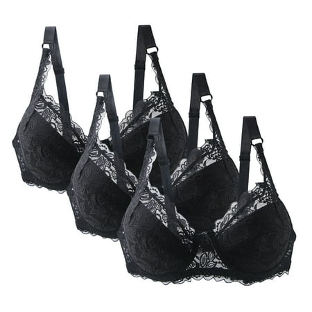 Womens Sports Wireless Bra 3 Packs Women s Lace Bras  Push up Solid Color Soft Balconette Everyday Padding Plus Size Underwire Gathering Underwear Bra Black 4XL