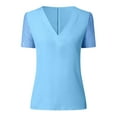 thumbnail image 4 of QLEICOM Womens Summer Tops Sexy V-Neck Lace Splicing Short Sleeve Shirts Casual Blouses Plus Size Slim Blouse Shirt Sky Blue 4XL, US Size 16, 4 of 6