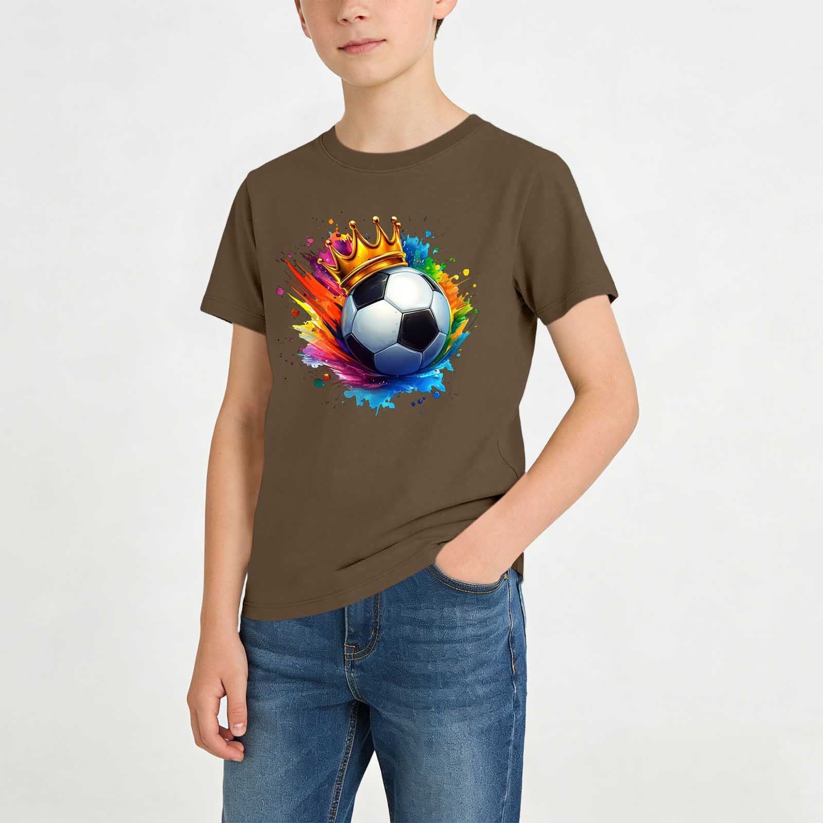 BXJX Boys Summer T-Shirts Casual Short Sleeves Crew Neck Soccer Kids Graphic Tees Brown Size 5-6 T