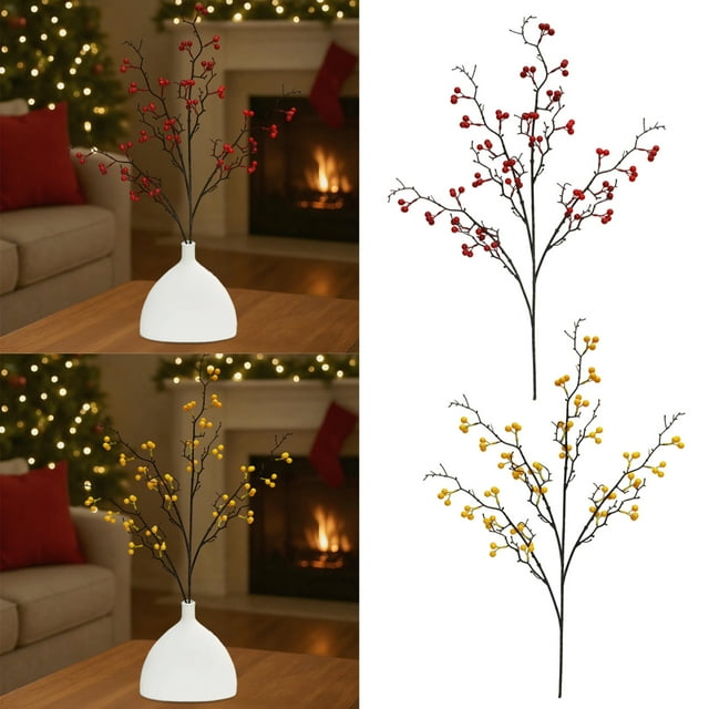 Branches de Houx Artificielles pour Décoration de Noël - Baies Rouges Réalistes de 27 Pouces & Tiges Flexibles pour Couronnes, Centres de Table et Décoration Festive de la Maison