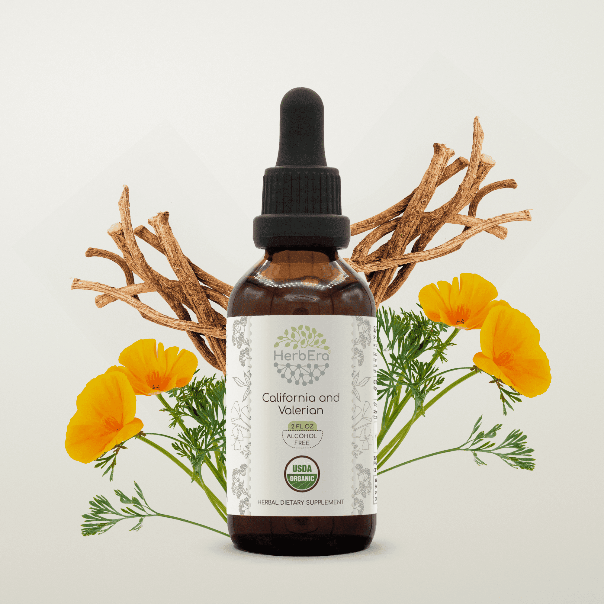 HerbEra California & Valerian Tincture, Organic Herbal Dietary Supplement for Sleep Support, Certified Organic (Eschscholzia californica), (Valeriana officinalis), Alcohol-Free, 2 oz