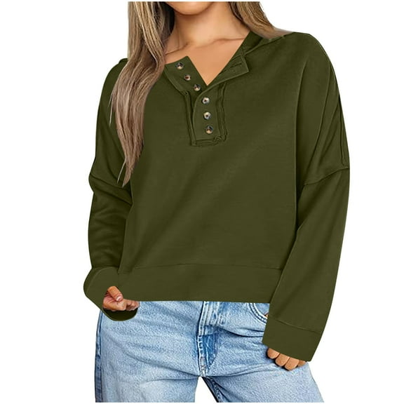 TKLPEHG Sweatshirts for Women Trendy Button V Neck Sweatshirt Casual Lightweight Classic Solid Color Loose Fashion Long Sleeve Pullover (Army Green,M)