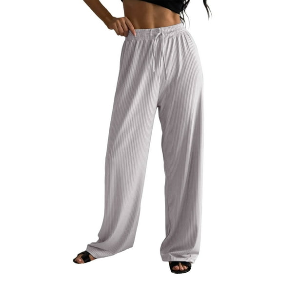 Roncen Women's Solid Color Leisure Ribbed Elastic Slow Jogging Wide Leg Trousers