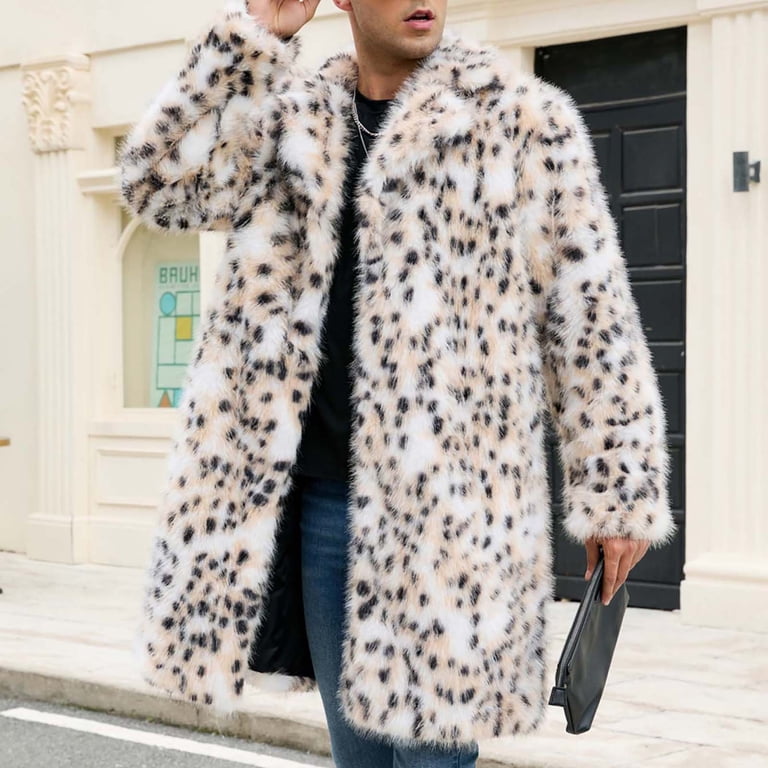 BiZtdJrK Men's Leopard Faux Fur Coat Long Cardigan Jacket Winter