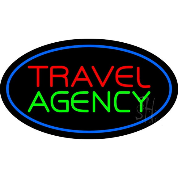 Travel Agency Blue Oval LED Neon Sign 20 x 37 - inches, Black Square Cut Acrylic Backing, with Dimmer - Bright and Premium built indoor LED Neon Sign for Décor, Travel agency, Storefront.