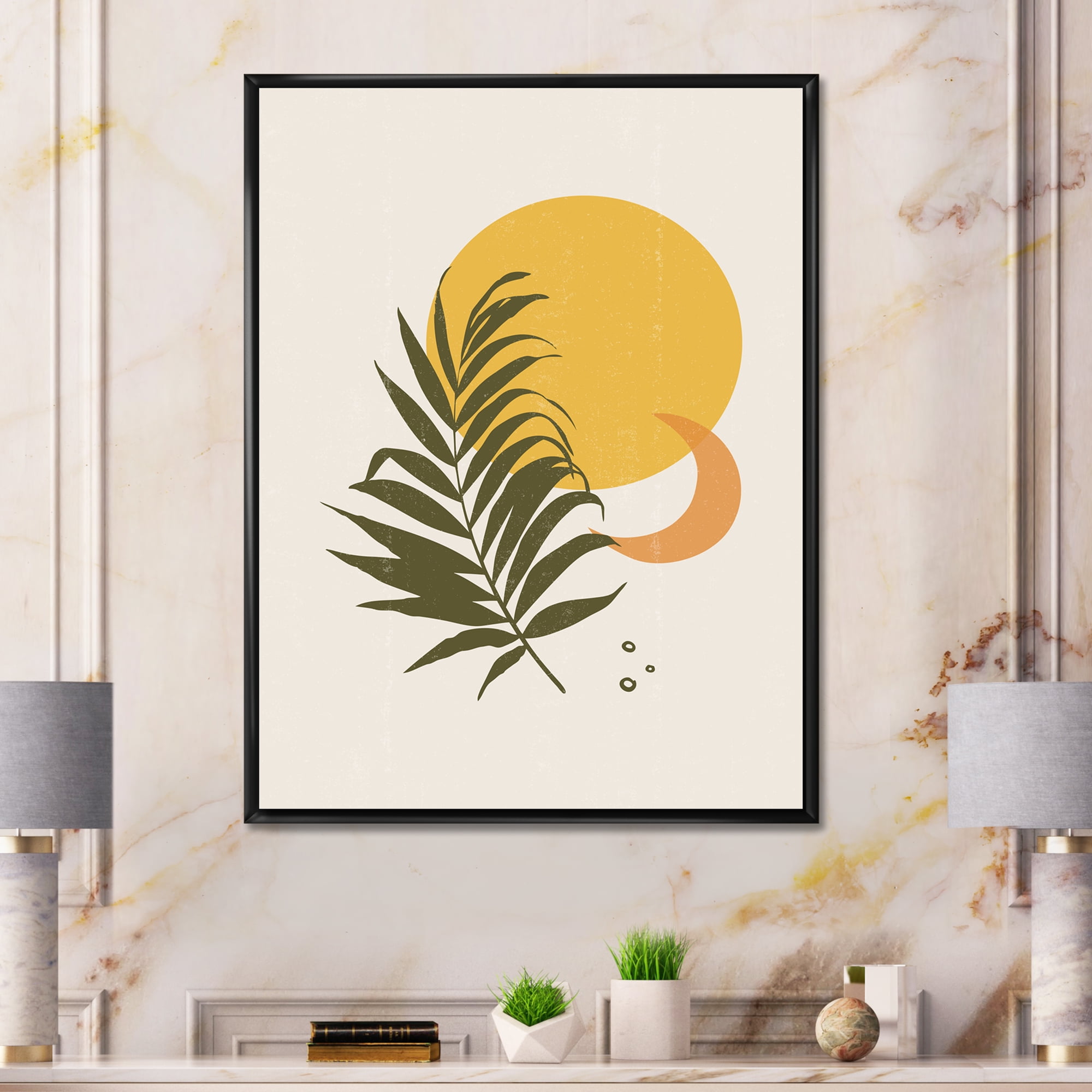 Designart 'Abstract Moon and Yellow Sun With Tropical Leaf I' Modern Framed Canvas Wall Art Print