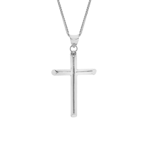Precious Stars 14K White Solid Gold Traditional 1.30" Cross Unisex Religious Pendant with 16" Chain Necklace