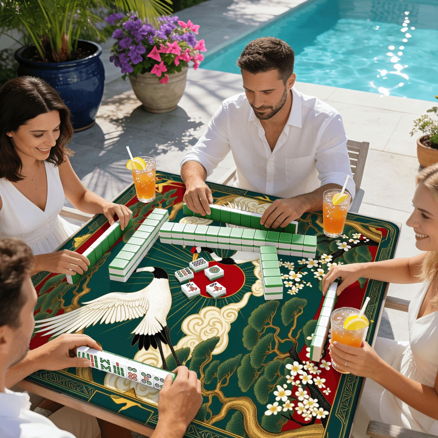 Mahjong Mat 31.5" x 31.5" Elegant Pair Cranes Red Sun Pine Trees Blossoms Traditional Asian Non-Slip Noise Reduction American Mahjong Tiles Table Cover for Dominoes Poker Card Board Games Gift