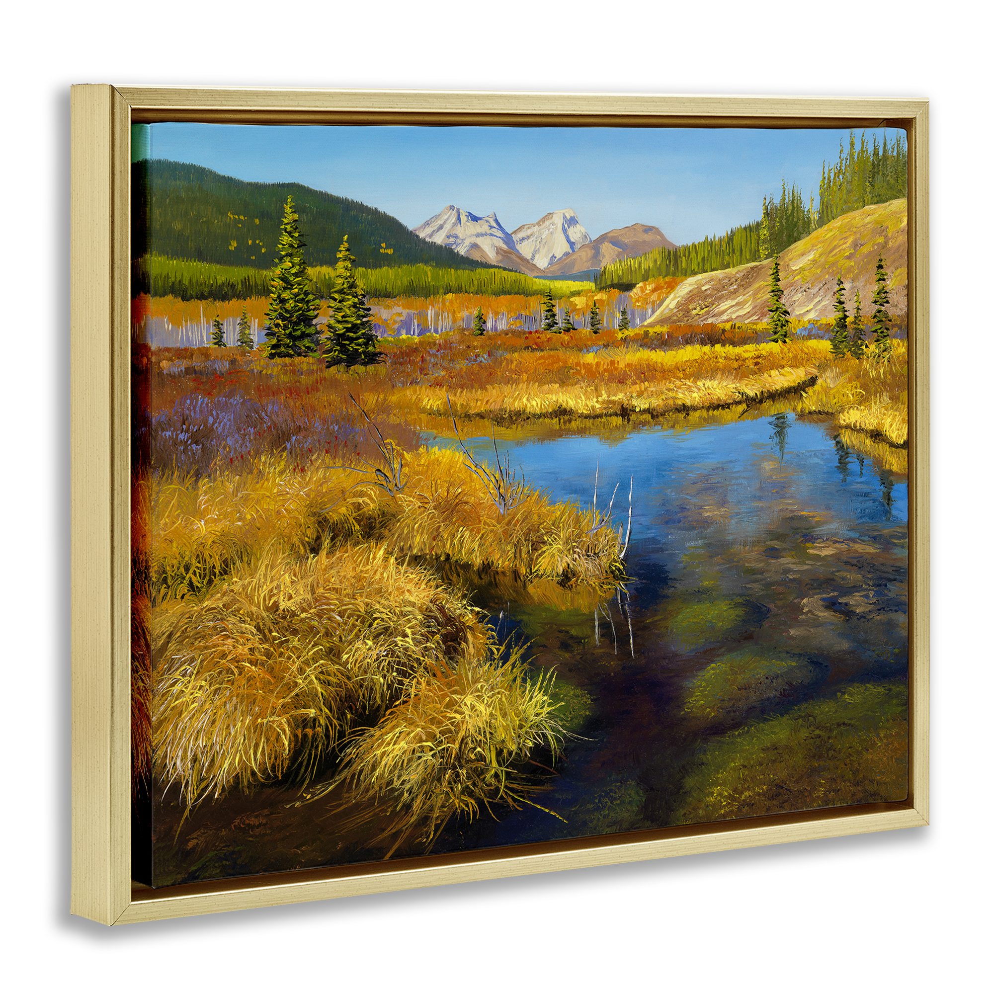 Stupell Industries Lush Pond Landscape Landscape & Nature Painting Gold Floater Framed Canvas Art Print Wall Art, 21 x 17