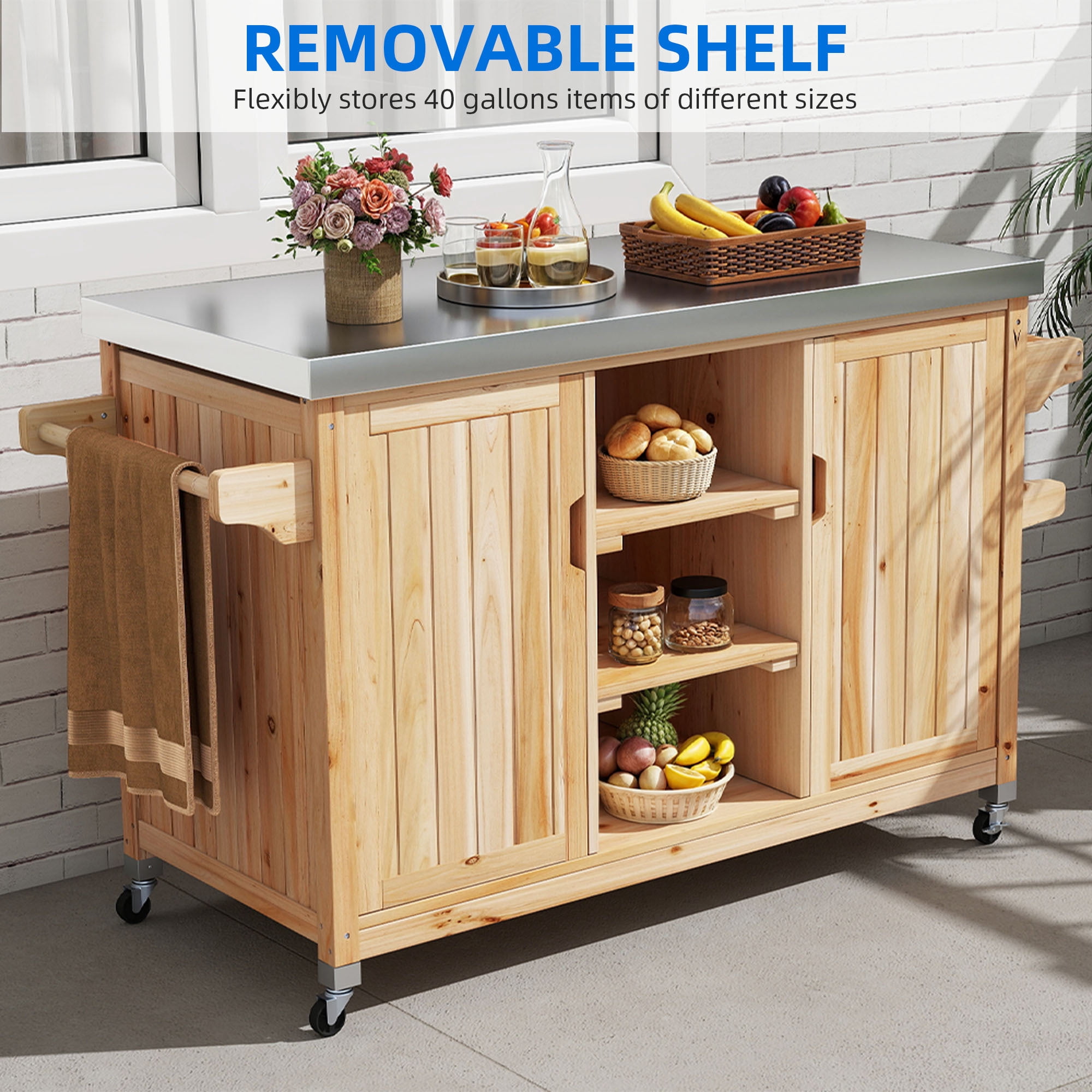 Uforic Outdoor Movable Grill Cart Storage Cabinet, MultiFunctional BBQ Grill Bar Cart, Bar, Prep Table, Rolling Kitchen Island