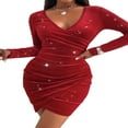 thumbnail image 3 of FNNMNNR Women Elegant Velvet Deep V Neck Dresses Long Sleeve Ruched Cocktail Wedding Party Clubwear Dark Red L, 3 of 7