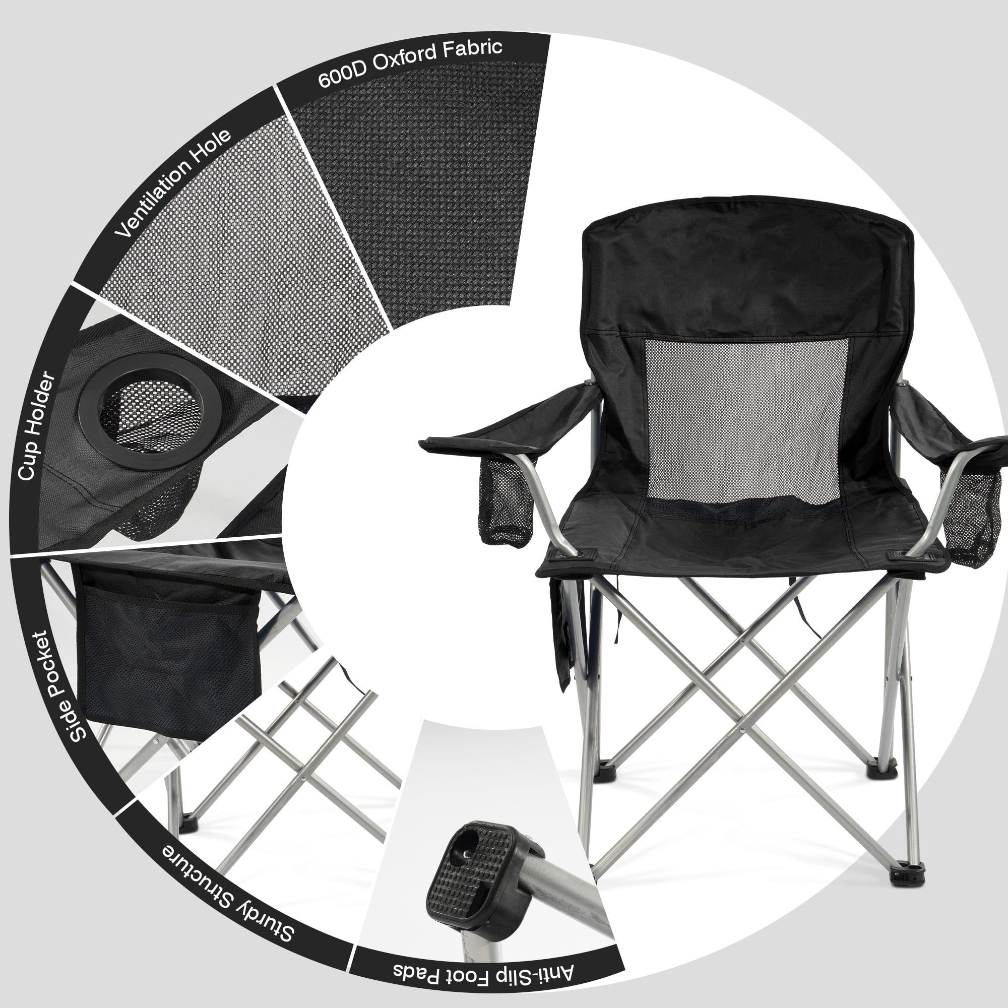 FlexWave Folding Camp Chair，Portable Outdoor Chair，with Cup Holder & Carrying Bag，for Camping, Beach, Fishing, and Sports Events