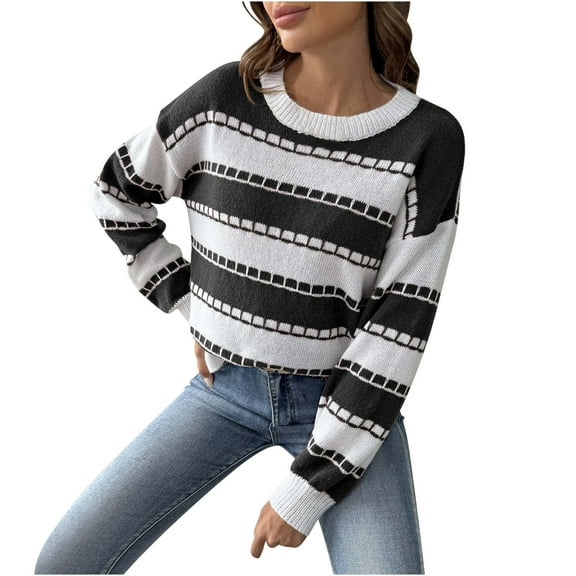 MuZeFu Sweaters for Women Clearance under $10.00 Crewneck Sweaters Women's European And American Contrasting Striped Casual Pullover Sweater