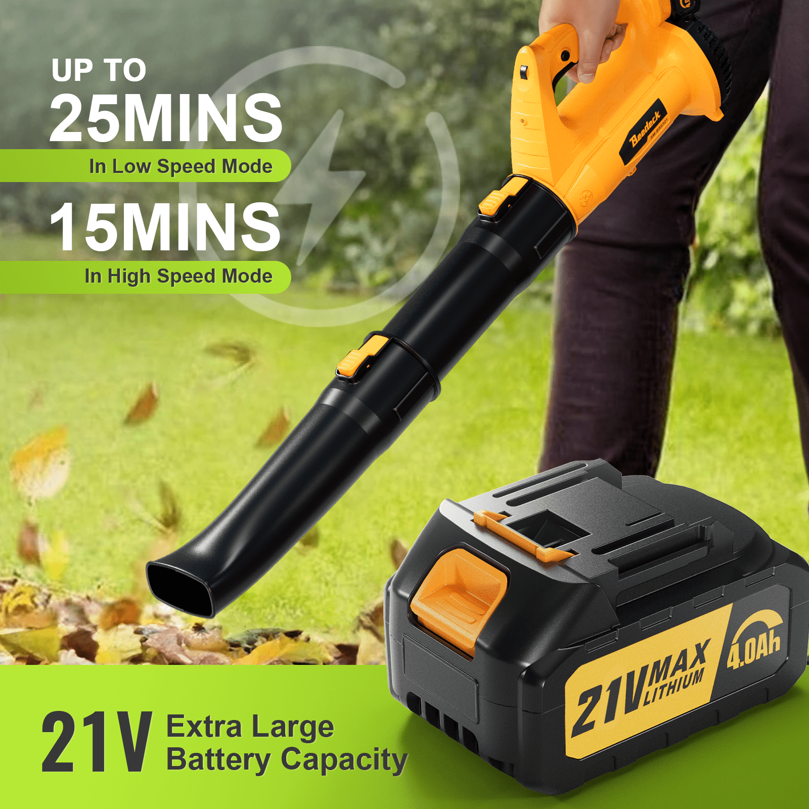 BEEDECK Cordless Leaf Blower - 450 CFM 250 MPH 6-Speed Electric with 21V 4.0Ah Lithium Blower, Lightweight Leaf Blower
