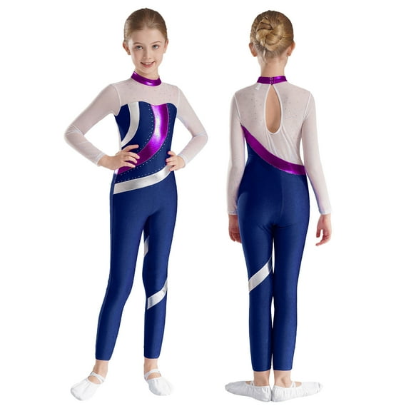 Aislor Kids Girls Rhythmic Gymnastics Unitard Full Length Dance Bodysuit Long Sleeve Sparkle Figure Skating Costume Navy Blue 12
