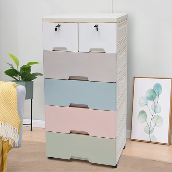 Loyalheartdy 6 Plastic Drawer Chest Dresser Storage Cabinet, 5-Layer Vertical Tower Closet Organizer w/4 Wheels (Macaron Color)