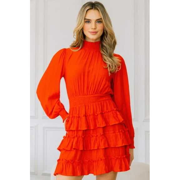 Long Sleeve Smocked Neck Tiered Ruffle Mini Dress