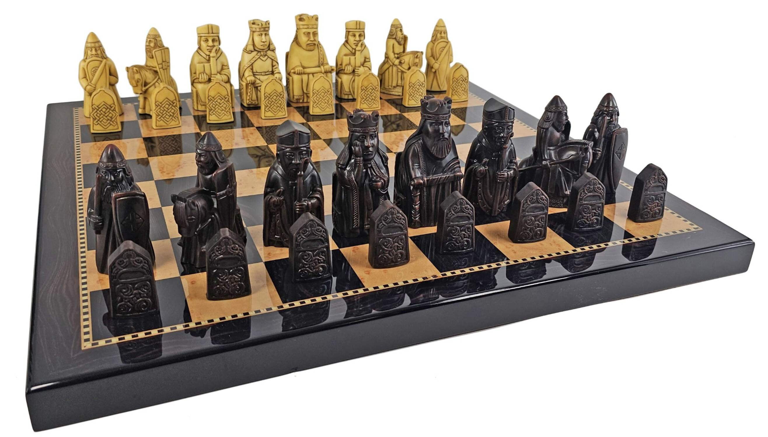 Large Isle of Lewis Chess Set 3 1/4" King with 18" Dark Walnut Color Board