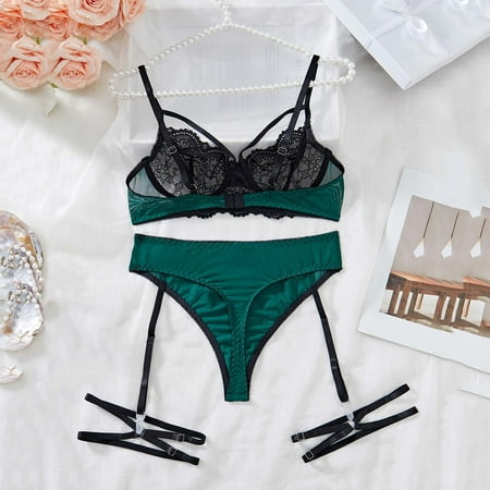uublik Women Lingerie Sets Valentine s Day with Garter Belt 2 Pieces Strappy Bra and Panty Set Adjustable Green L