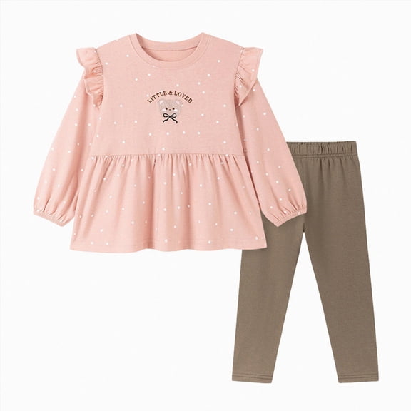 Girls' Cute Casual Stylish And Adorable Embroidered Bear Print Top And Contrasting Pants Set 4 Years Pink