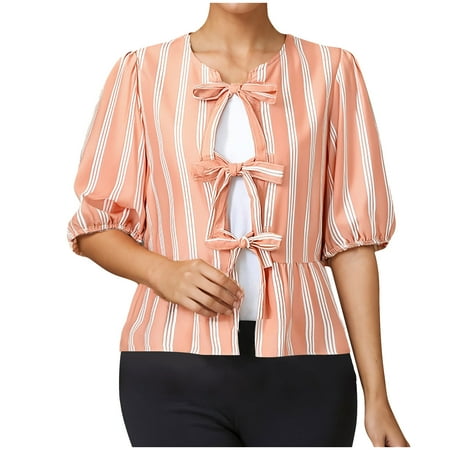 RYDCOT Spring Tops for Women 2025 Trendy Women Peplum Shirt Puff Sleeve Tie Front Ruffle Hem Blouse Lace Up Babydoll Shirt Summer Outfits Flash Deals Orange