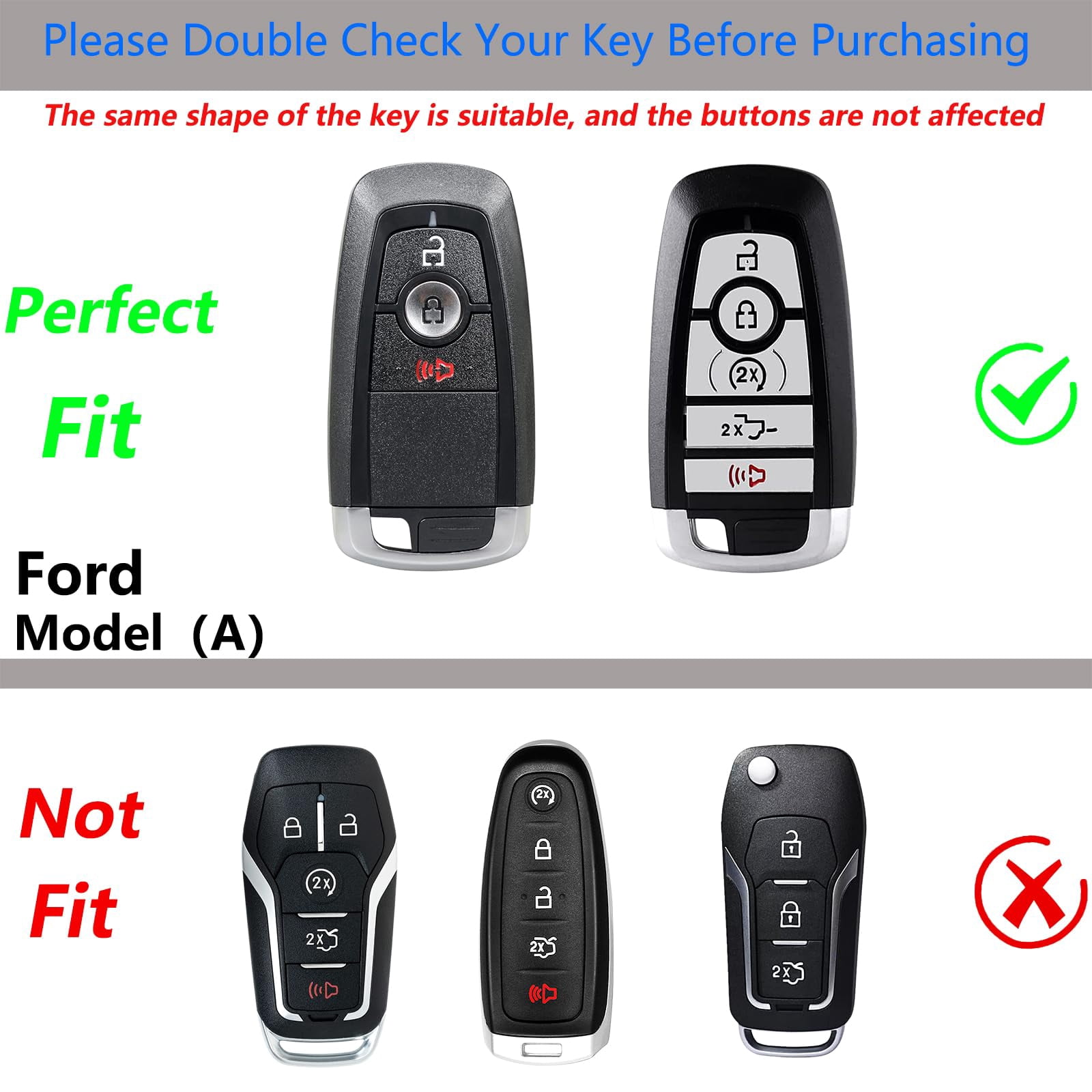Zinc Alloy & Genuine Leather Key Fob Cover for Ford Expedition, Explorer, Fusion, Escape, Edge, F150, F250, F350, F450, F550 - Metallic Color - 5 Button - 360 Protection