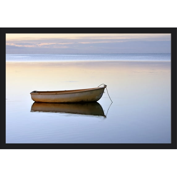 Ocean at Dawn - Small Boat Anchored - Lantern Press Photography (36x24 Giclee Art Print, Gallery Framed, Black Wood)