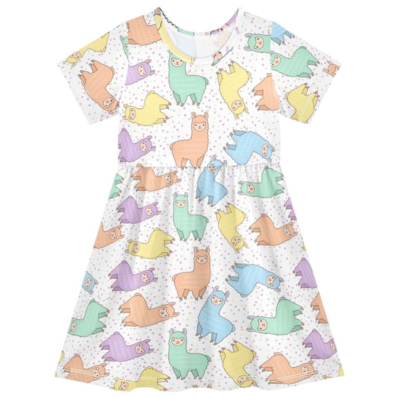 joogoo Cartoon Alpaca Girls' Short Sleeve Dress Kids Dresses 5-6T