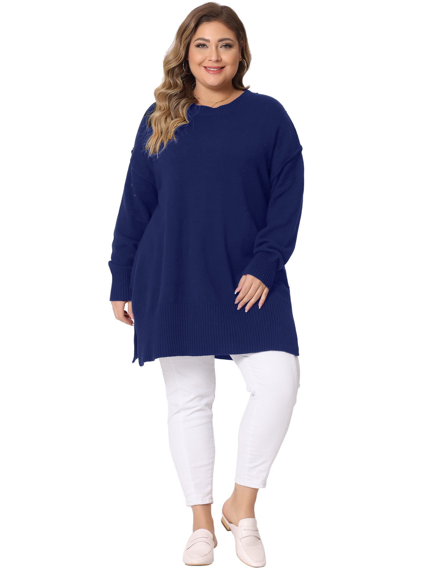 DARING DIVA Women's Plus Crew Neck Long Sleeve Slit Hem Pullover Sweater 3X Blue