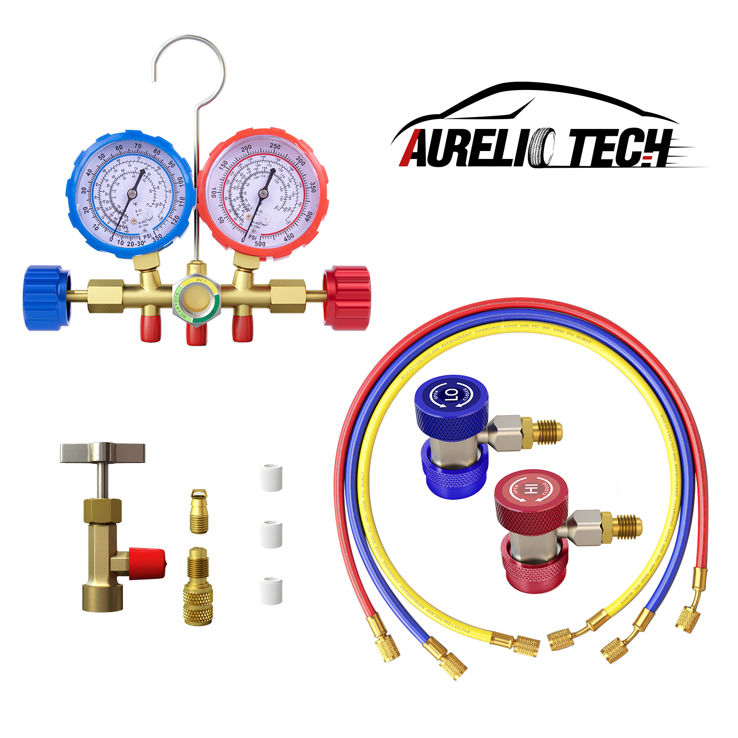 2022 UPGRATE Version Way AC Manifold Gauge Set, Fits R134A R12 R22 and R502  Refrigerants, with 5FT Hose, Acme Tank Adapters, Couplers and Can Tap 
