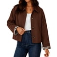 thumbnail image 4 of JUUNthy Women's Cropped Trench Jacket, Button Front Plaid Lined Lapel Collar Casual Fashion Outer Coat Navy Blue M, 4 of 14