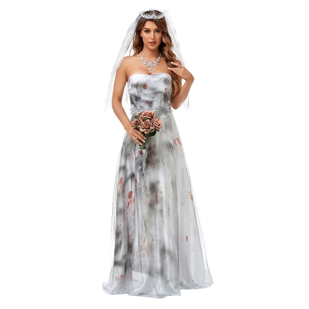 Disfraz de novia fantasma Sunloudy para mujer, vestido de novia muerta con estampado de sangre de lujo con velo de novia Sunloudy moda