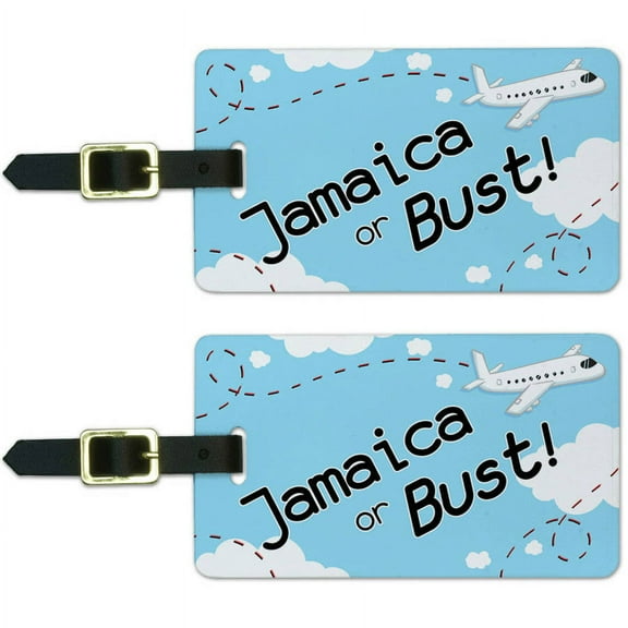 Jamaica or Bust Flying Airplane Luggage Suitcase Carry-On ID Tags, Set of 2