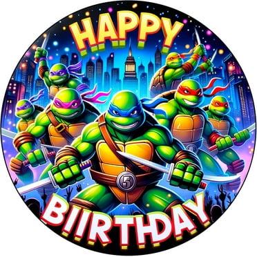 7.5" Round Pre-Cut TMNT Teenage Mutant Ninja Turtles Happy Birthday Edible Image Cake Topper By TNCT