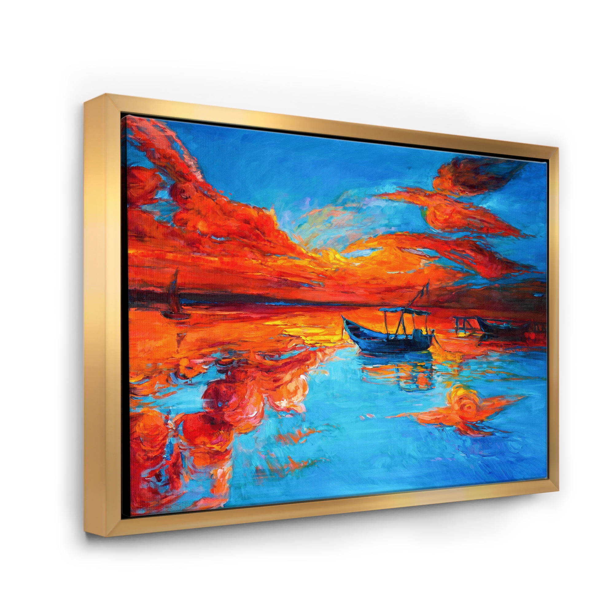 Boats During Warm Sunset Resting On The Water VI 20 in x 12 in Framed Painting Canvas Art Print, by Designart