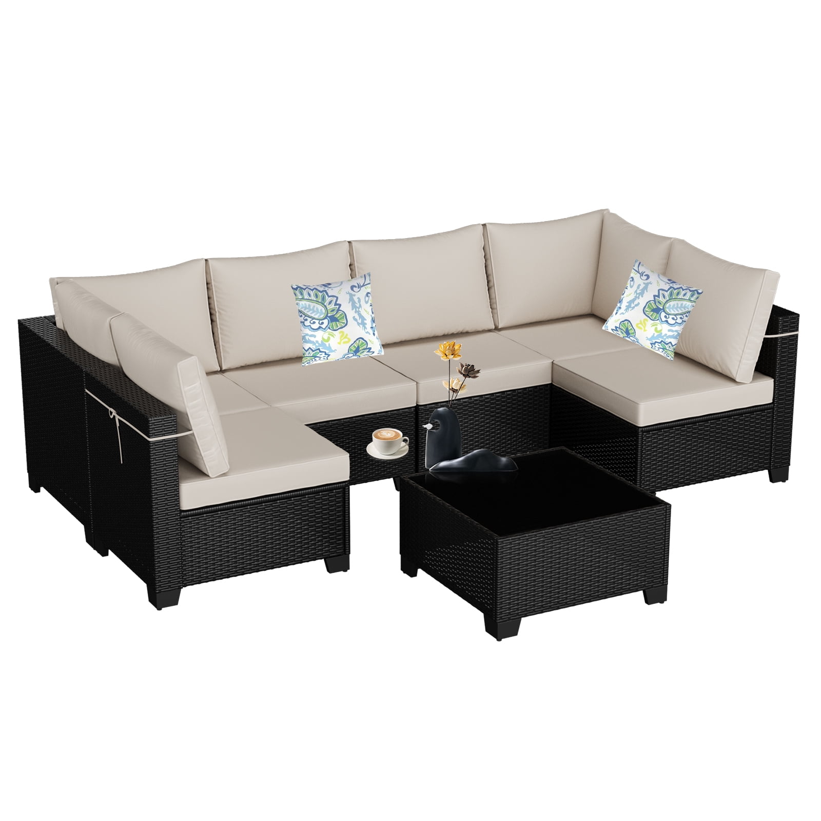 ZXRLHX 7-Piece Wicker Rattan Patio Conversation Set with Steel Frame and Coffee Table, Brown/Beige