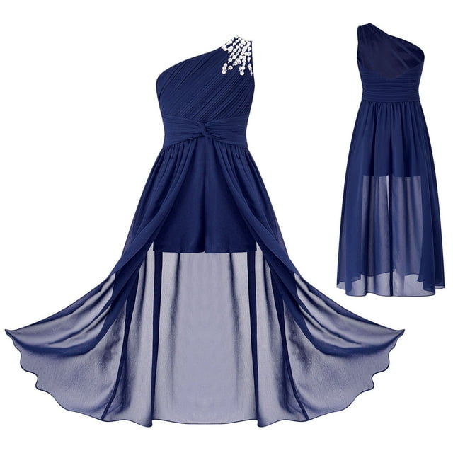 Alvivi Kids Flower Girls One Shoulder Ruched Chiffon Wedding Maxi Romper Evening Gown Dance Wear Navy Blue 14