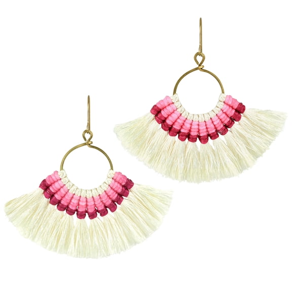 AeraVida Chic Pair of Fan Shaped Pink & Creme Tassel Dangle Earrings