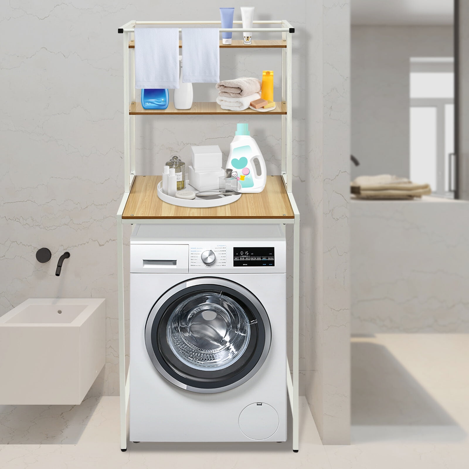 Over Washer and Dryer Storage Shelf Portable Organizer Rack Space Saver Standing Rack with Adjustable Feet for Bathroom Laundry Room (White+Log)