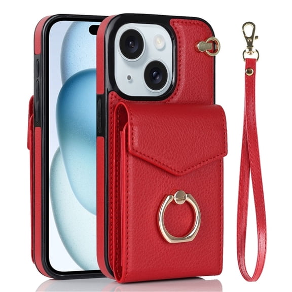 For iPhone 15 Case Premium PU Leather Accordion Folding Wallet &Card Holder With RFID Shielding Material Phone Case with Adjustable Ring Holder And Wristband,red,For iPhone 15