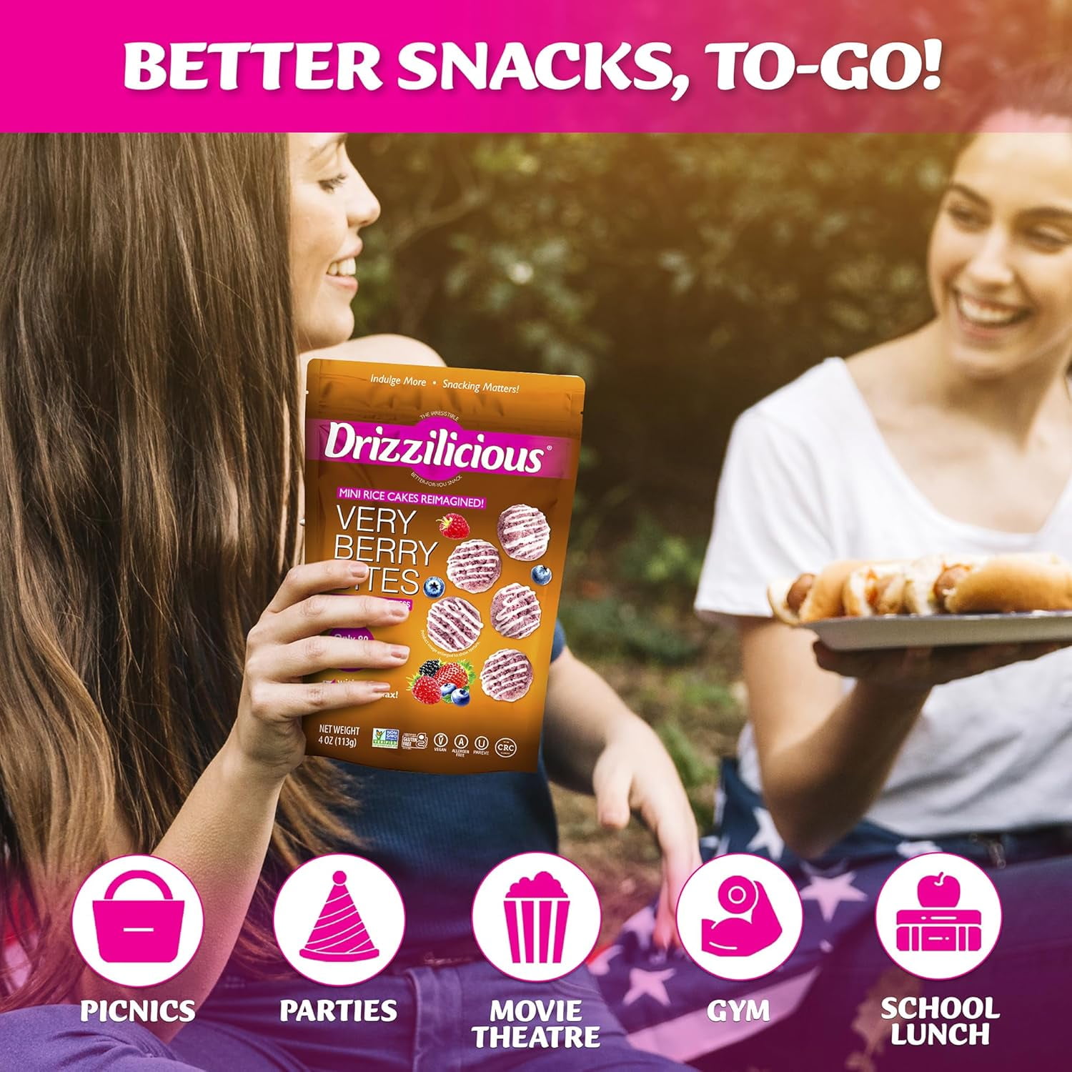 Drizzilicious Mini Rice Cakes, Very Berry Flavored Rice Cake Gluten Free Snacks, Rice Crisps 2-Pack