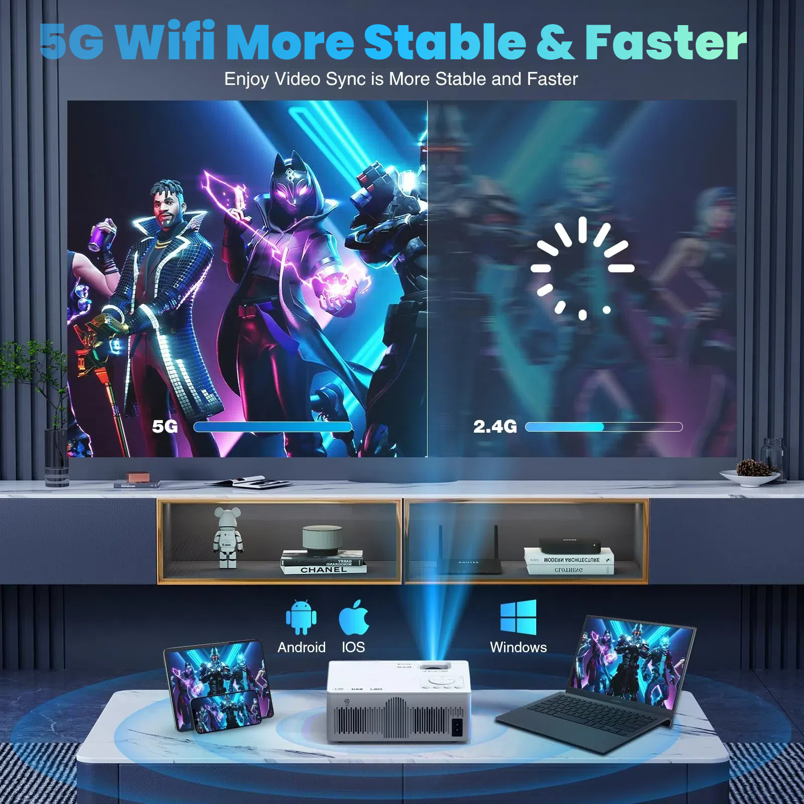 [Electric-Focus] GCZ 1080P Projector with WiFi and Bluetooth, Support 4K, Portable Home Projector with HDMI