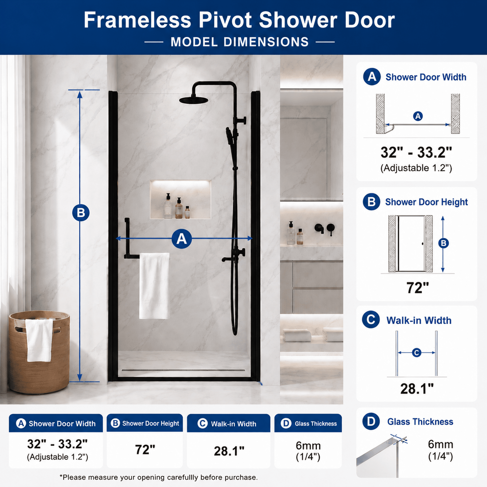 Aukfa 32-33.2" W x 72" H Matte Black Semi-Frameless Pivot Bi-Fold Shower Door, 1/4" Tempered Glass