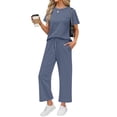 thumbnail image 1 of Conjuntos de 2 piezas para mujer Casual verano viajes vacaciones trajes de manga corta Tops pantalones de pierna ancha conjuntos de salón,1 Grey Blue,2XL, 1 of 9