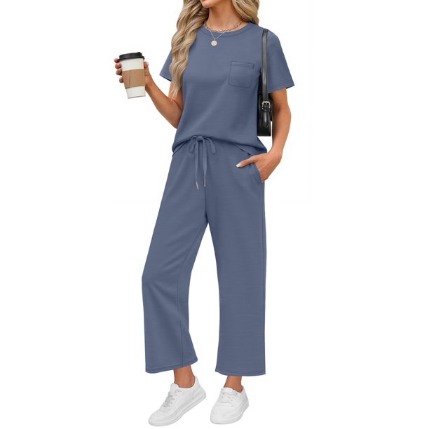 Conjuntos de 2 piezas para mujer Casual verano viajes vacaciones trajes de manga corta Tops pantalones de pierna ancha conjuntos de salón,1 Grey Blue,2XL
