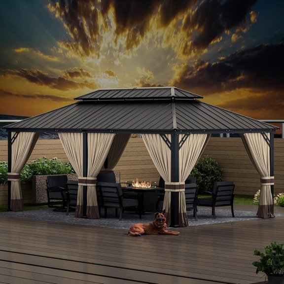 ASJMR 12x20 FT Hardtop Gazebo Double Roof with Metal Frame,Outdoor Pavilion with Curtains and Nettings,Garden Tent For Courtyards Backyards Decks Grass,Sand